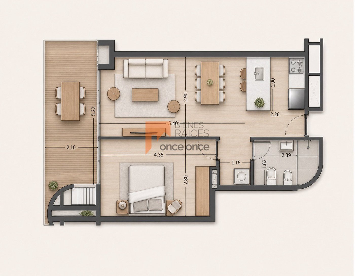 Plano tipología 1 dormitorio Rotunda al Lago